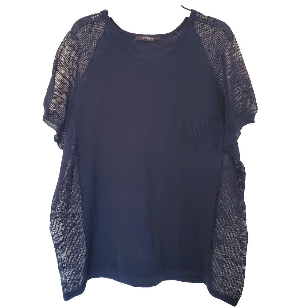 Odeeh Navy Blue Mesh Panel Knit Top Short Sleeve Cotton Blend Size 42
